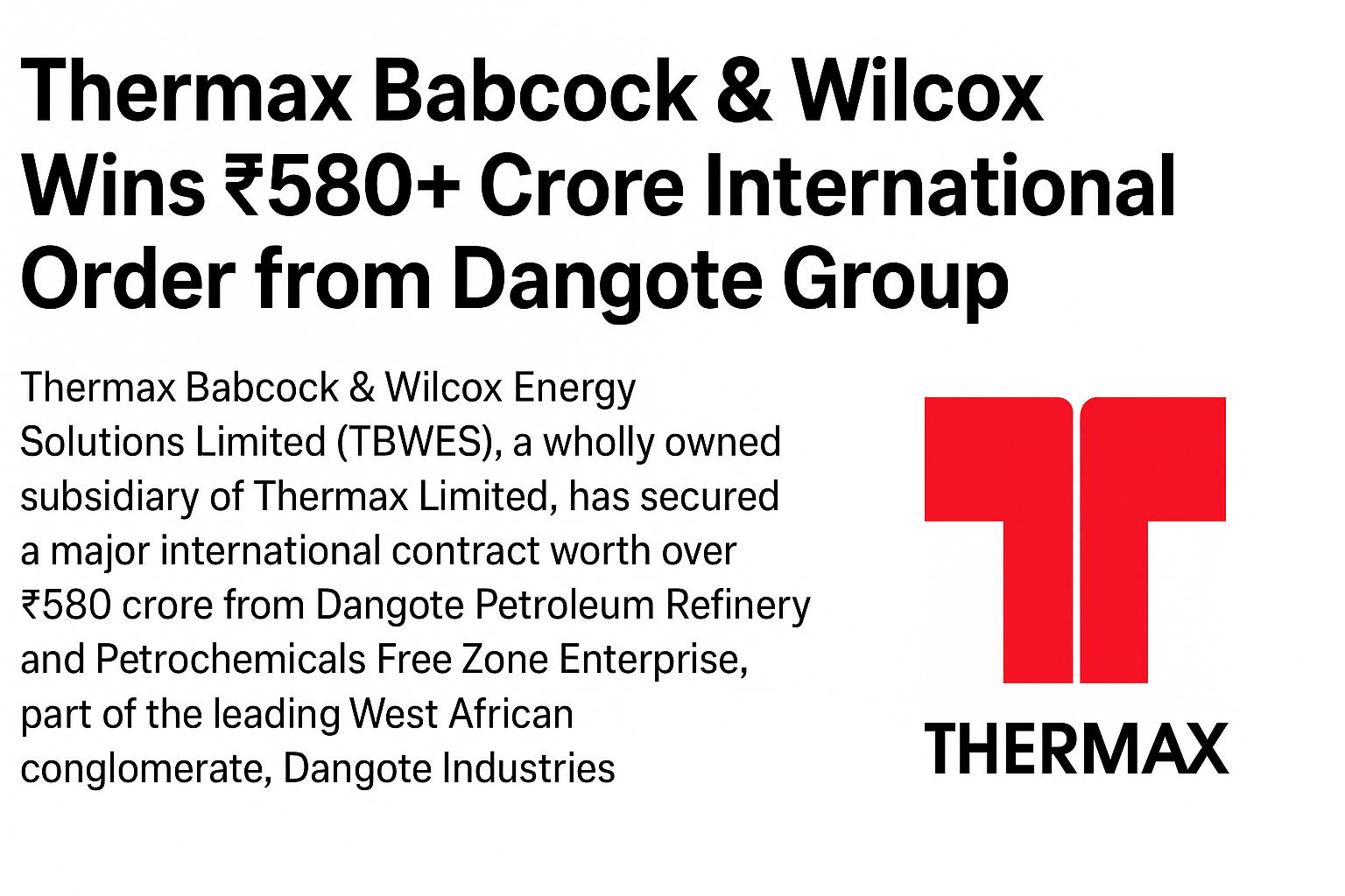 Thermax Wins ₹580 Crore International Boiler Order from Dangote Refinery | Energy Sector News