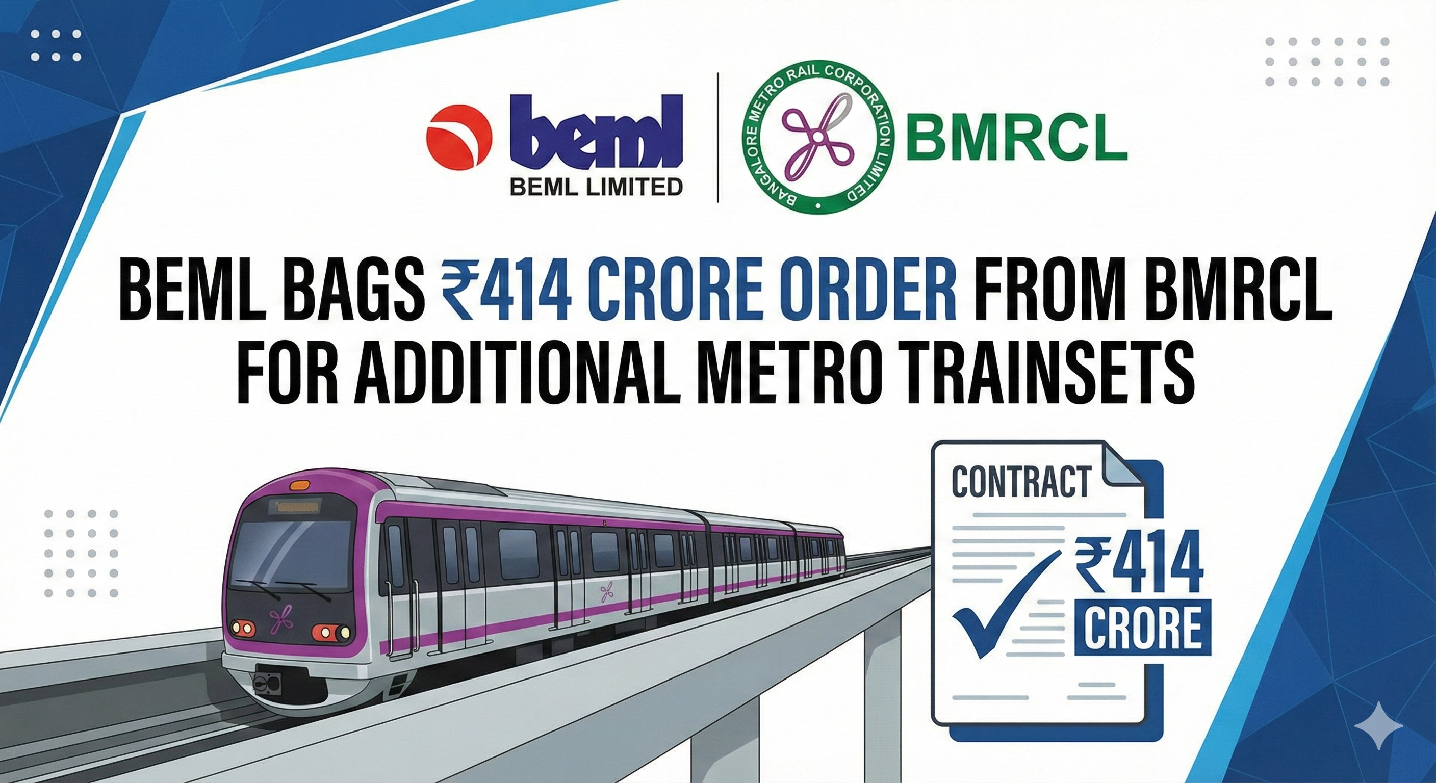 BEML Bags ₹414 Crore Order from BMRCL for Additional Metro Trainsets
