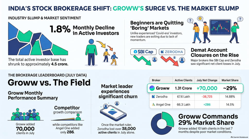 The Great Retail Churn: Groww Strengthens Lead as Zerodha and Other Brokers Lose Clients 1 Indian Stock Brokerage Market Shift
